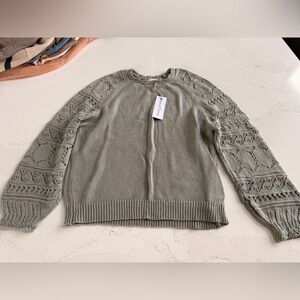 Neuflora Open-Stitch Sleeve Crewneck Sweater — Green Gray